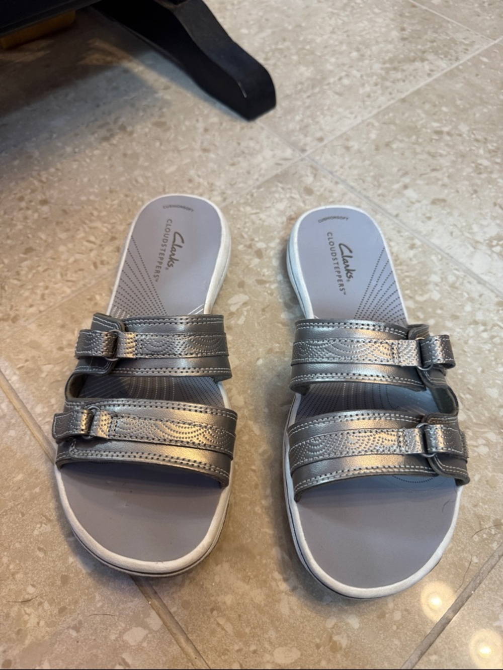 Clarks Metallic Silver Dual-Strap Cloudsteppers Slide Sandals